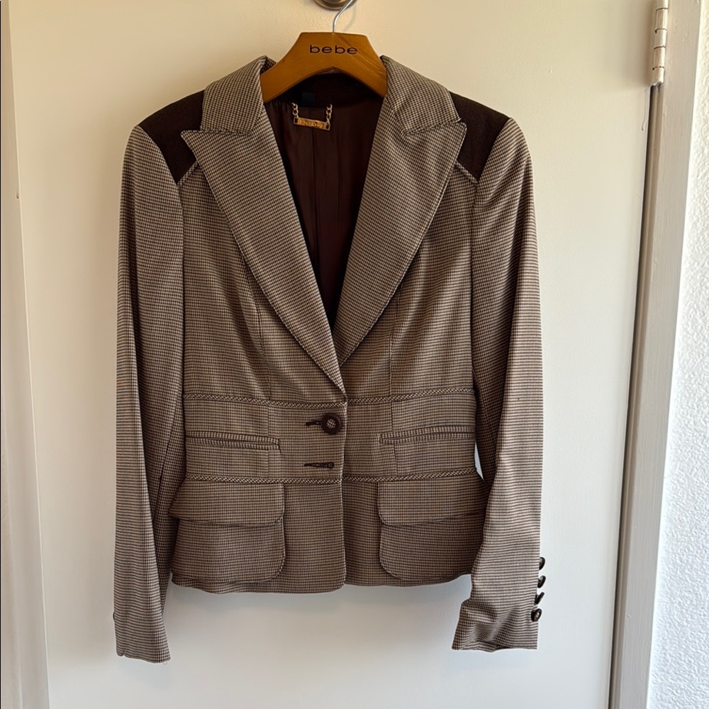 Bebe Brown Blazer with Notched Lapel and Contrast Panels
